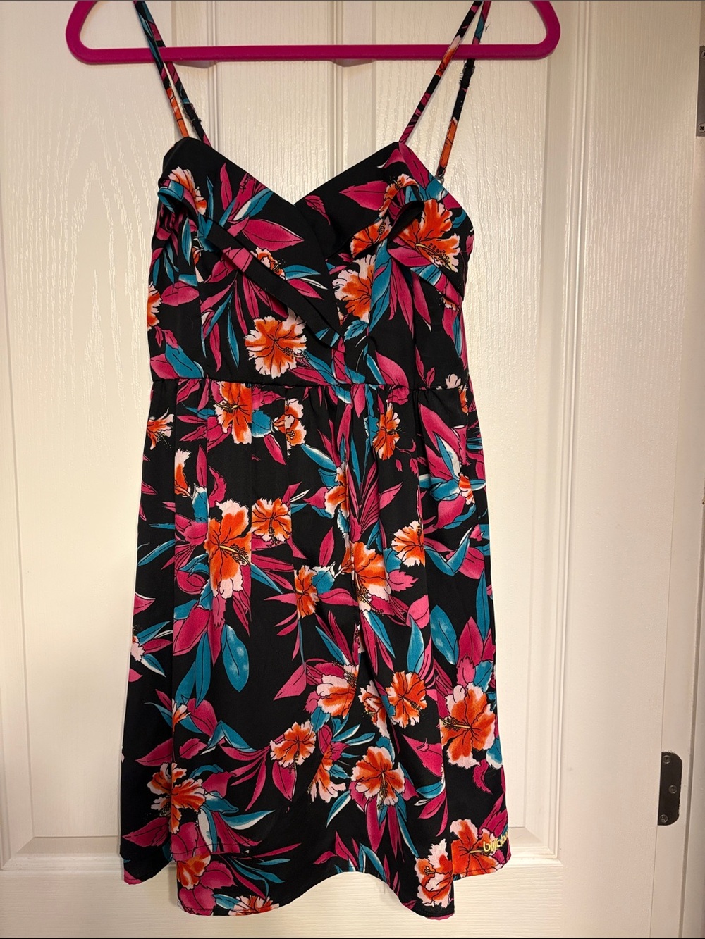 Billabong Black Floral Spaghetti-Strap Mini Dress with Pink & Teal Accents